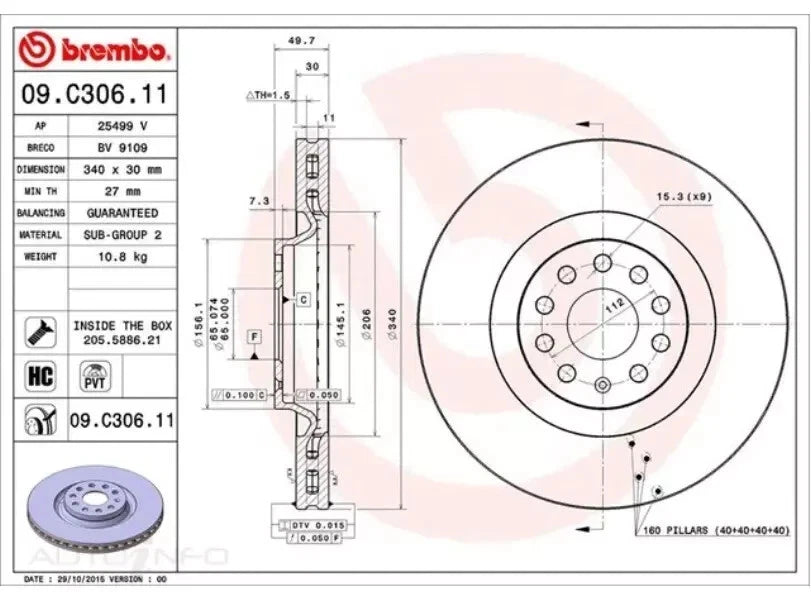 Brembo Front brake UPGRADE KIT ( rotor + pads) for VW Golf R MK7 and Audi S3 8V