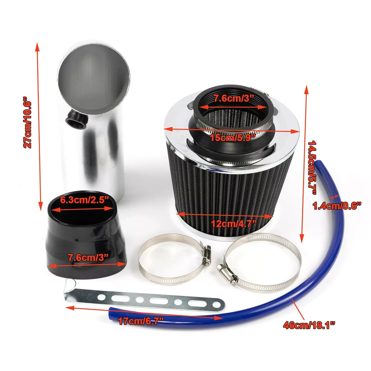 Universal 3 inch 76mm Aluminum Cold Air Intake Pipe + HIGH FLOW POD FILTER KIT